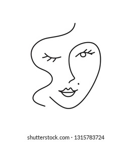 Abstract simple woman face. Continuous line drawing.