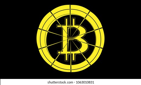 Abstract simple yellow bitcoin icon with cracks on a black background. The concept: the collapse of the crypto currency, the fall of bitcoin. Vector illustration