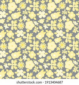 Abstract simple yellow flowers on a gray background. Endless botanical vector pattern.
