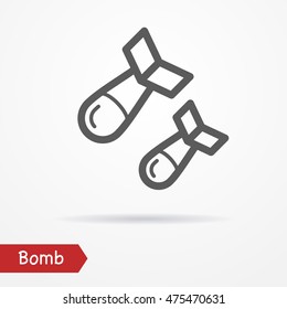 Abstract simplistic air bomb icon in silhouette line style with shadow. Military vector stock image.