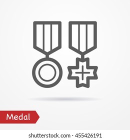 Abstract simplistic combat medal icon in silhouette line style with shadow. Army vector stock image.