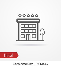 Abstract simplistic hotel icon in silhouette line style with shadow. Small building with a tree and five stars. Travel vector stock image.