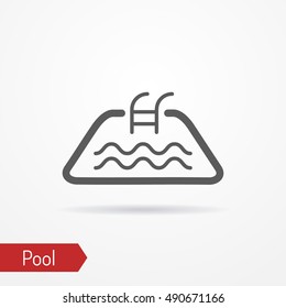 Abstract simplistic pool icon in line style with shadow. Small pool silhouette with water waves. Swim vector stock image.