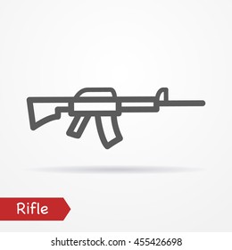 Abstract simplistic rifle icon in silhouette line style with shadow. Military vector stock image.