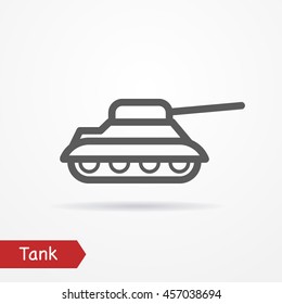 Abstract simplistic tank icon in silhouette line style with shadow. Army vector stock image.