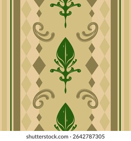 Abstract Simply Classic Vintage With Luxury Scroll Ornament Greenish Gold on Light Brown Background. Elegance Half Minimal Argyle Geometric Seamless Border Pattern for Decoration Carpet Interior Scarf