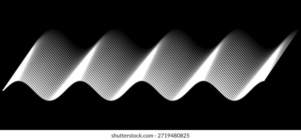 Onda sinusoidal Abstractas hecha de líneas blancas diagonales sobre fondo negro. Patrón minimalista que visualiza la frecuencia, amplitud y movimiento armónico. Ideal para temas de ciencia o tecnología.