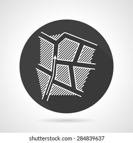 Abstract single black round flat design vector icon with white contour route map with direction arrow on gray background.