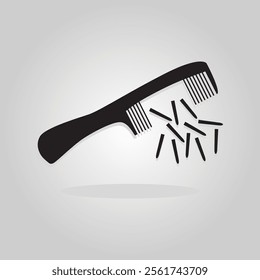 Abstract single black silhouette isolated hair comb with broken tines teeth and shadow on gray gradient background