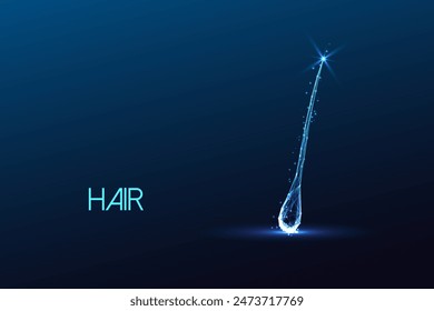 Abstract single hair strand isolated on dark blue background. Hair structure and health microscopy and biotechnology. Futuristic glowing low polygonal style. Modern design vector illustration.