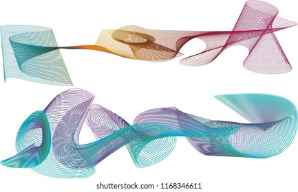 An abstract single layered blended wave with striped gradient colors paired with a double-layered wind-blown wave with blue, green and purple colors.