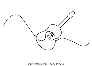 Abstrato arte de linha única ilustração moderna corpo de guitarra acústica com uma linha de onda fluente rítmica para temas de música folk.