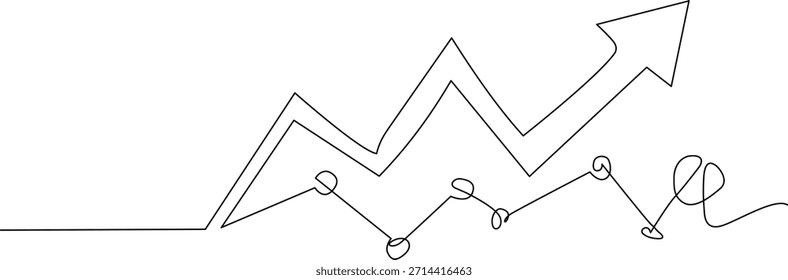Dibujo Abstractas de una sola línea que representa un gráfico financiero con una flecha hacia arriba y fluctuaciones, que simboliza el crecimiento y el progreso sobre un fondo liso.