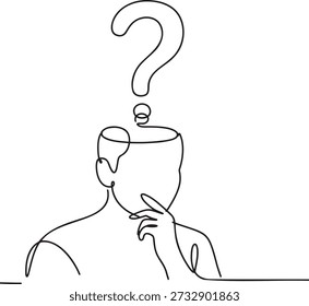 Abstract single line drawing depicting a person in deep thought, with a prominent question mark floating above their head. This minimalist artwork explores themes of contemplation, confusion, inquiry, and problem-solving. Ideal for illustrating concepts of thought, doubt, or seeking answers.