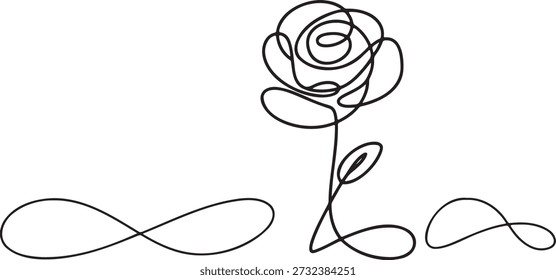 Abstract single line drawing featuring a rose flower and infinity symbol. Concept for eternal love, beauty, or endless possibilities. Elegant minimalist art. Modern artistic representation.