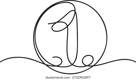 Abstract single line drawing of number one digit enclosed within circular boundary created with fluid continuous stroke design suitable for anniversary ranking or first achievement concept