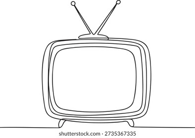Abstract single line drawing portraying old television screen with rabbit ears, vintage broadcast receiver outline, retro technology design element, simple continuous line art for nostalgia theme.