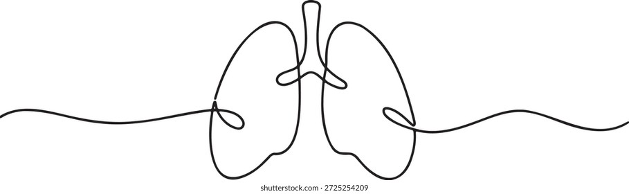 Abstrakte einzeilige Zeichnung, die menschliche Lungen mit Bronchialröhren darstellt. Minimalistische Kunst als Symbol für Atmung, Gesundheit und Leben. Eleganter Umriss auf transparentem Hintergrund.