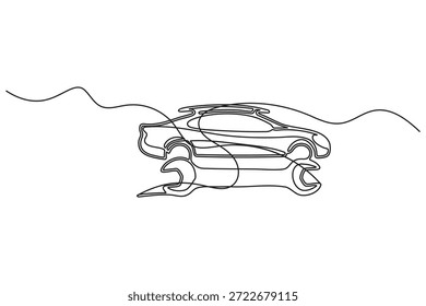 Abstractas línea de un solo golpe ilustración moderna de una silueta de coche combinado con una llave inglesa
