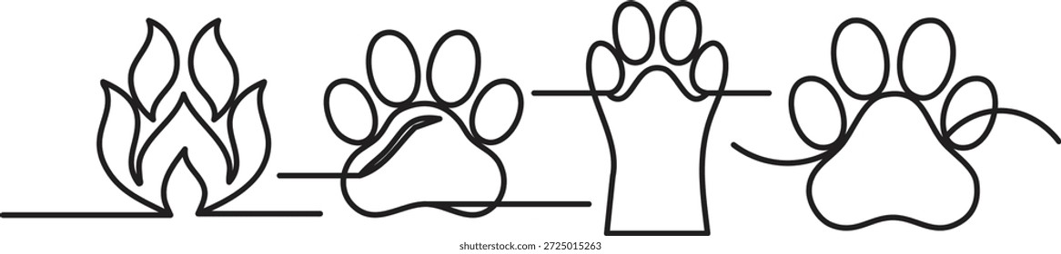 Ilustración moderna de la línea de un solo golpe Abstractas de la llama de fuego y de los símbolos de la impresión de la pata del perro