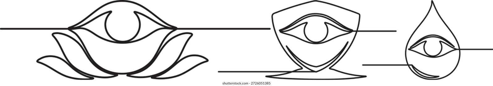 Abstrakte, einfache Strichlinie, moderne Illustration eines Sets mit Lotus, Schild und Fallaugen