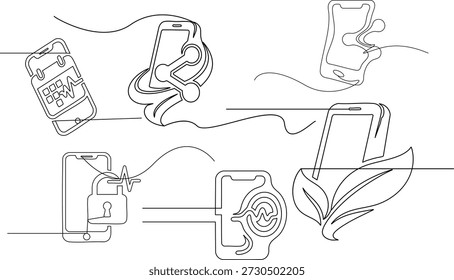 Abstract single stroke line modern illustration set containing various mobile technology icons