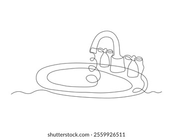 Abstract sink with faucet,continuous single line art drawing sketch, logo