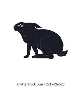 Abstract sitting black rabbit with red cheeks and eyes. Chinese New Year 2023 symbol. Easter bunny black silhouette, mystic hare, astrological, botanical, esoteric. Hand drawn vector illustration.