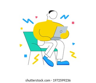 Abstract sitting man at laptop. Working process, freelance, home office, fun. Landing page site print poster. Vector flat illustration.