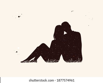 abstract sitting people silhouettes. lover Couple at Night with starry sky