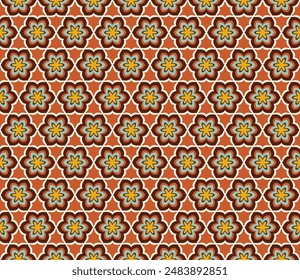 Flor Abstractas de seis pétalos (marrón, crema, jengibre, naranja, azul bebé) - Imagen de Vector de patrón inconsútil que se repite; Fácilmente editable; Diseño sin fin; Ilustración colorida - papel de regalo, embalaje, etc.