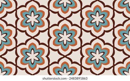 Abstract Six Petal Flower (Cream, Orange, Brown, Blue) - Repeating Seamless Pattern Vector Image; Easily Editable; Endless Design; Colorful lIlustration - Print for Gift Paper, Packaging, etc.