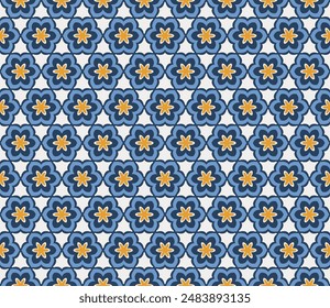 Abstract Six Petal Flower (Cream, Navy Blue, Blue, Yellow) - Repeating Seamless Pattern Vector Image; Easily Editable; Endless Design; Colorful lIlustration - Print for Gift Paper, Packaging, etc.