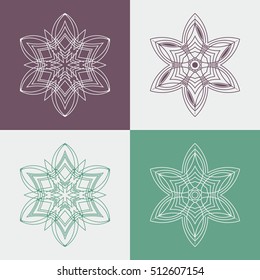 Abstract six petal flower emblem for packaging design or greeting card. Geometric linear flat logo set. Set of outlined geometric flowers on various color background.