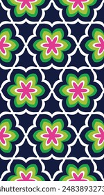 Abstract Six Petal Flower (Navy Blue, White, Green, Magenta) - Repeating Seamless Pattern Vector Image; Easily Editable; Endless Design; Colorful lIlustration - Print for Gift Paper, Packaging, etc.