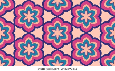 Abstract Six Petal Flower (Peach, Navy, Magenta, Blue, Soft Pink) - Repeating Seamless Pattern Vector Image; Easily Editable; Endless Design; Colorful lIlustration - Gift Paper, Packaging, etc.