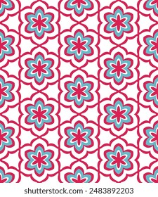 Abstract Six Petal Flower (Red, White, Blue) - Repeating Seamless Pattern Vector Image; Easily Editable; Endless Design; Colorful lIlustration - Print for Gift Paper, Packaging, etc.