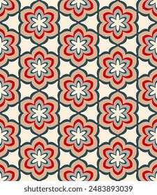 Abstract Six Petal Flower (Red, Gray, Cream, Beige, Teal) - Repeating Seamless Pattern Vector Image; Easily Editable; Endless Design; Colorful lIlustration - Print for Gift Paper, Packaging, etc.