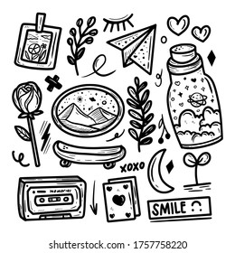 Abstract skateboard line art sticker drawing doodle collection illustration set