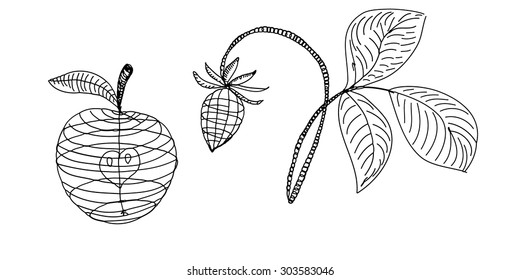 Abstract skeleton apple and strawberry. Hand drawn.