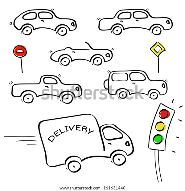 Abstract sketch cartoon cars set with traffic\
light on white\
background