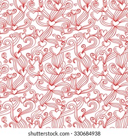 Abstract sketch decorative ornamental seamless pattern. Doodle vector illustration. Cute handdrawn background with hearts can be copied without any seams.