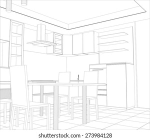 Abstract sketch design interior kitchen. Illustration created of 3d.