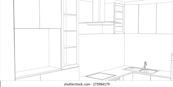 Abstract sketch design interior kitchen. Illustration created of 3d.