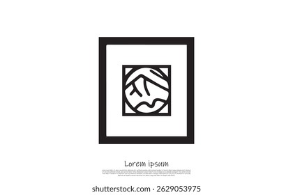 Abstract sketch features rounded shapes inside a square border. Black lines create an organic pattern over a transparent background.