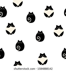 Abstract sketch of fun fat little black and white kittens on a white background, fashion design, animals seamless pattern, color vector prints.