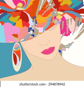 Abstract sketch of a girl in a floral hat, beauty, fashion, art,  trendy stylish texture spring summer, color vector prints