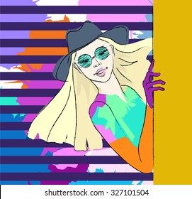 Abstract sketch of a girl in a  hat,  purple glove, green sunglasses. Background of colorful watercolor stains. fashion