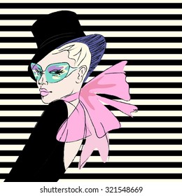 Abstract sketch of a girl model in  dress and hat, green sunglasses, pink bow. Striped background black and white . fashion week, beauty, women shop, trendy stylish texture, color vector prints