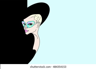 Abstract Sketch Of A Girl Model In  Dress And Hat, Green Sunglasses. Background Black And Blue . Fashion Week, Show Beauty, Women Shop, Trendy Stylish Texture, Color Vector Prints Makeup